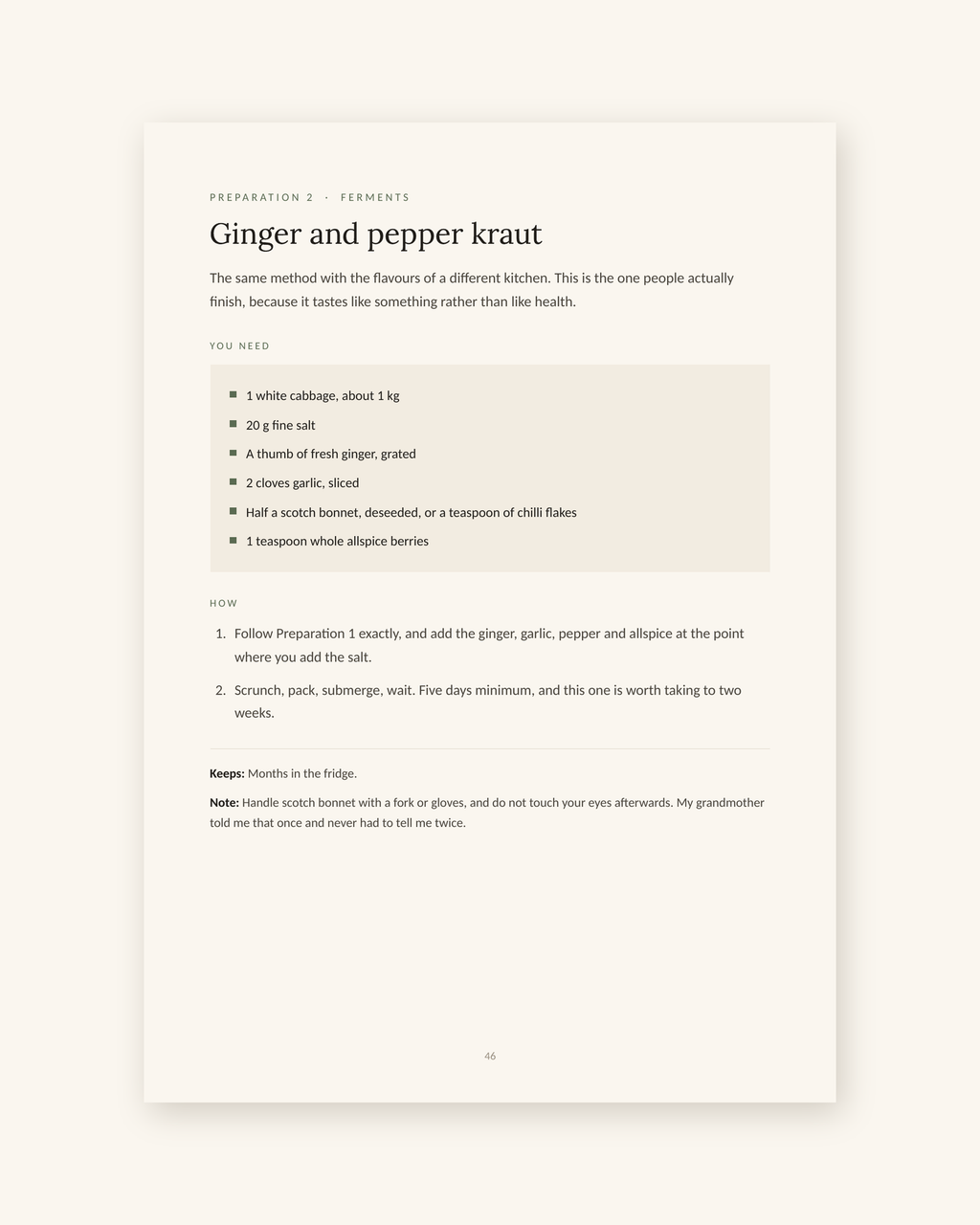 Sample recipe page, ginger and pepper kraut