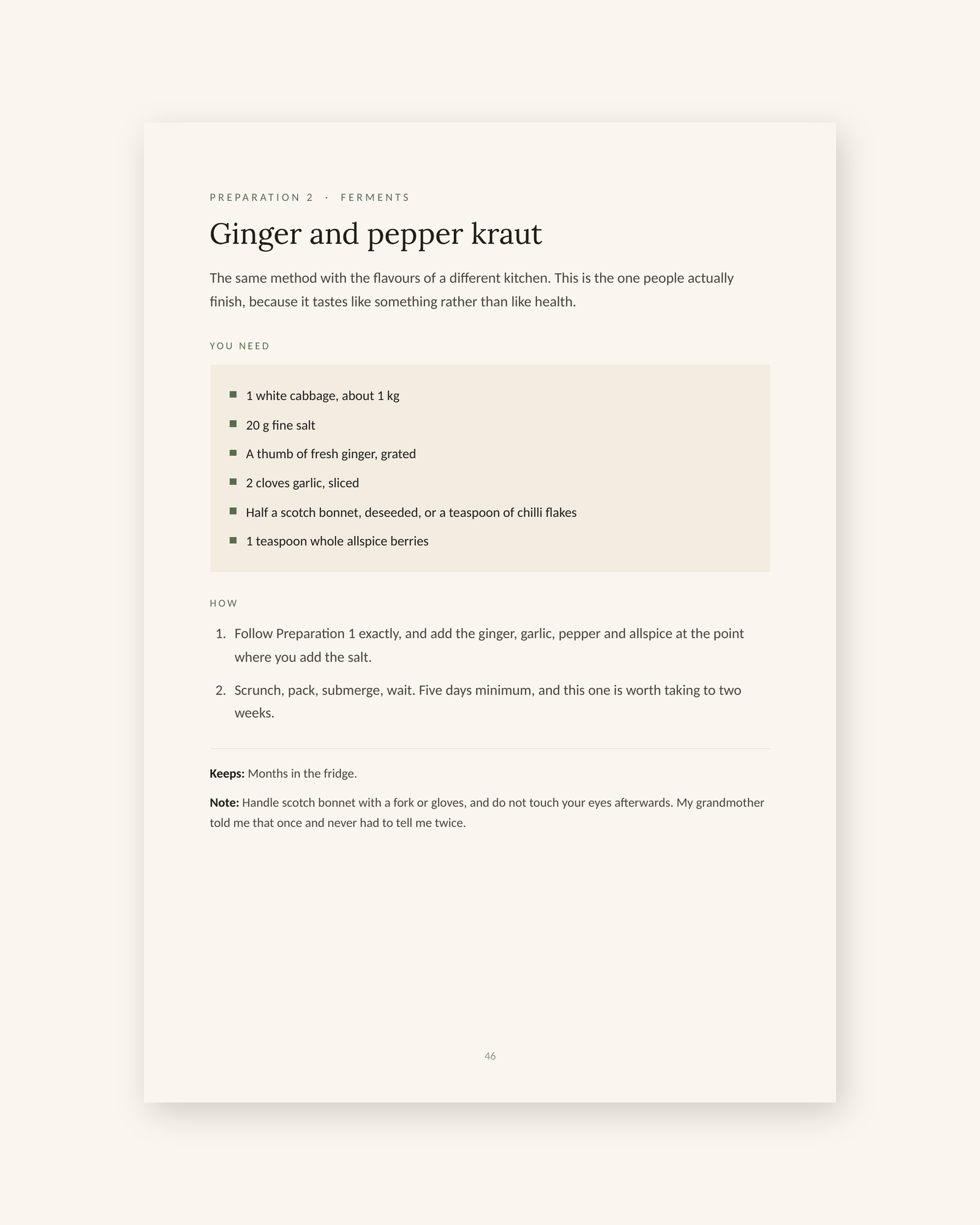 Sample recipe page, ginger and pepper kraut