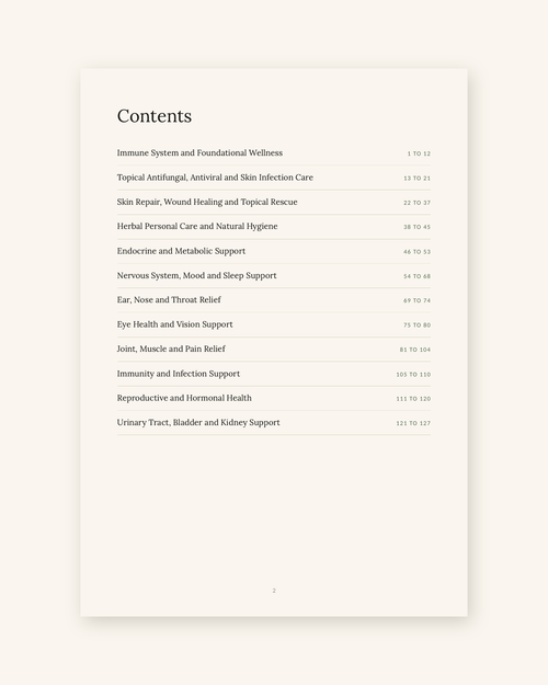 Contents page showing the twelve sections