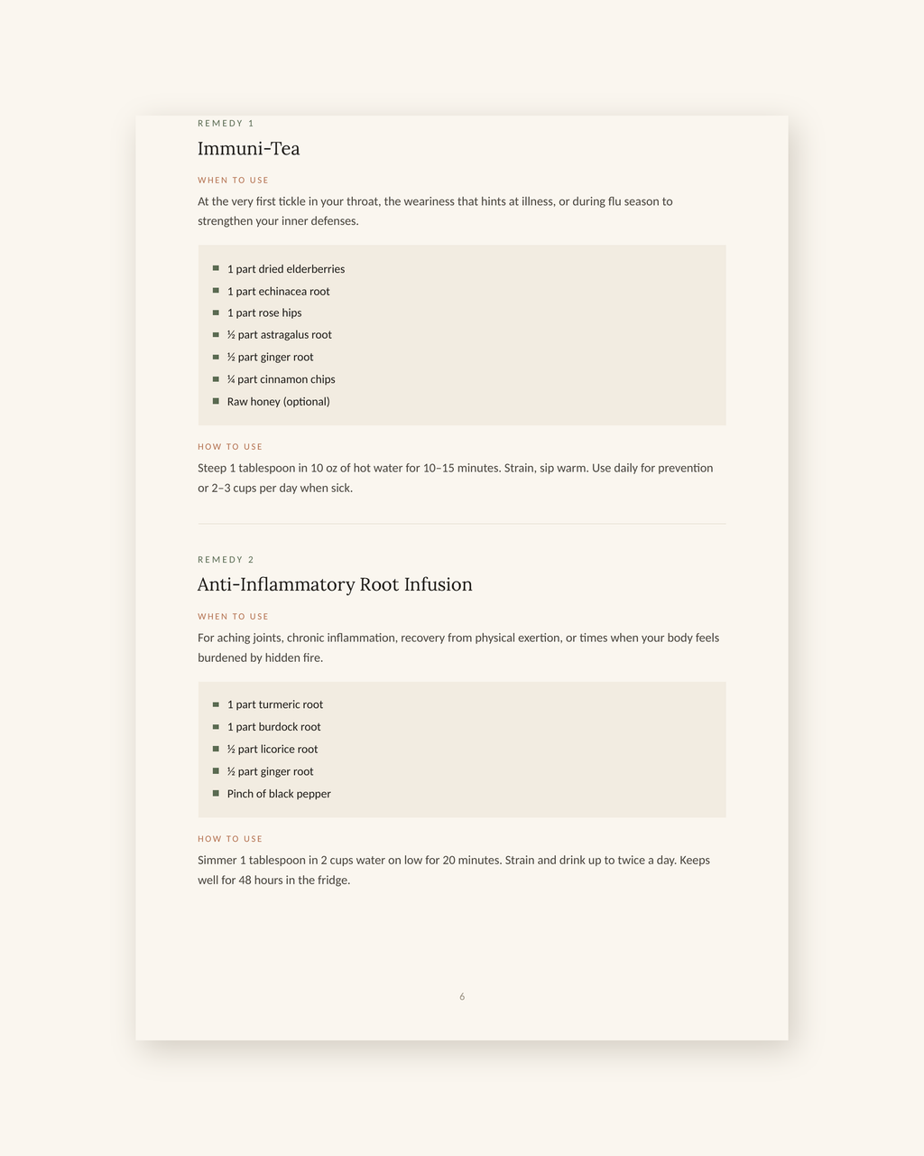 Sample page showing two numbered remedies with recipes